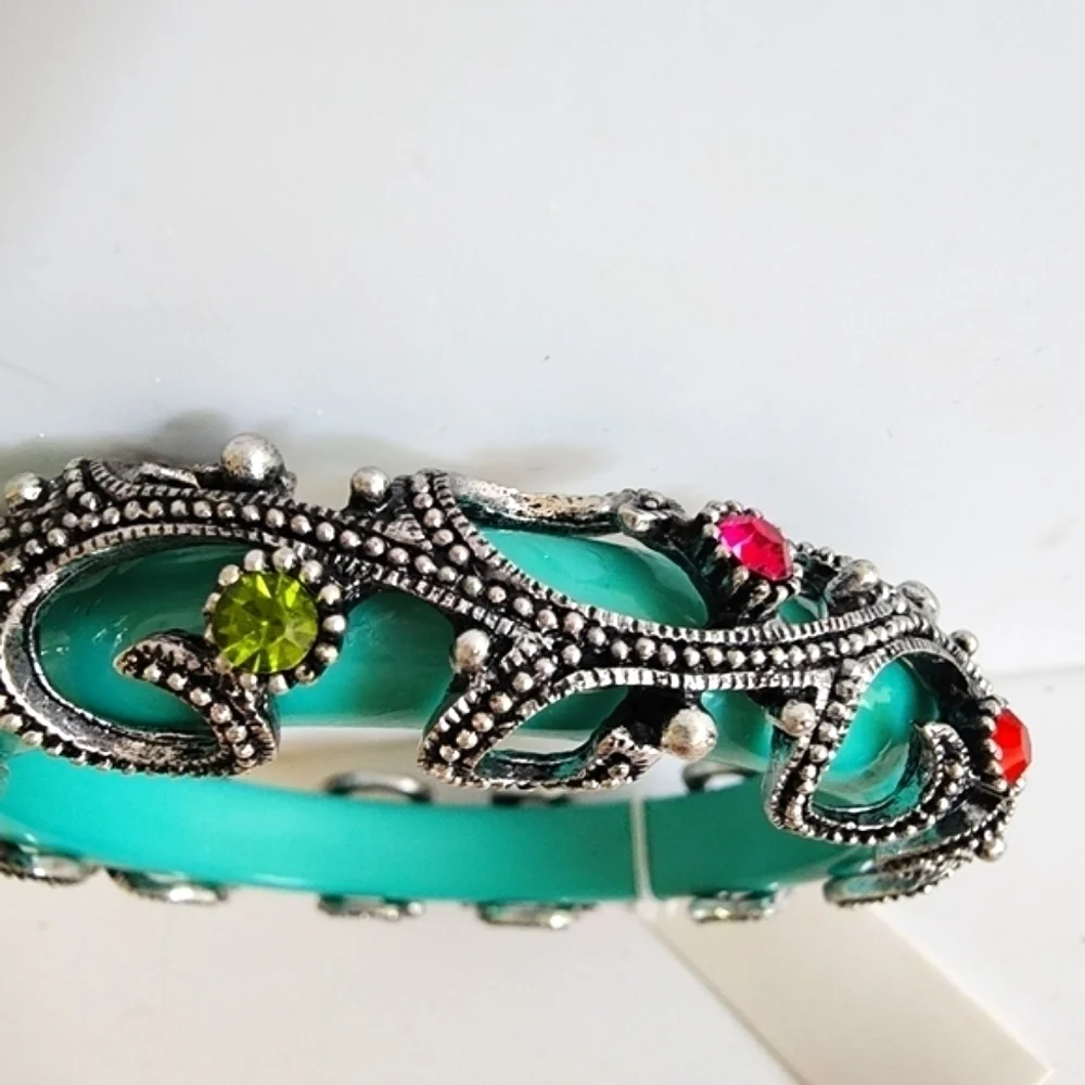 NTW Turquoise Antique Metal Crystal Beaded Floral Tube Bangle Bracelet‎